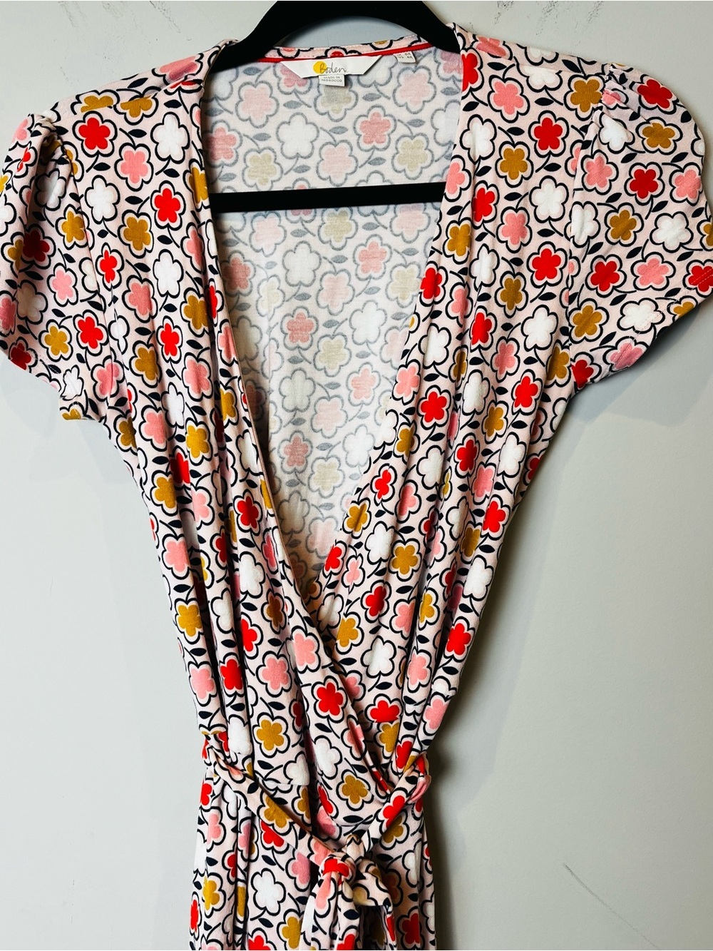 Boden Retro Floral Jersey Stretch Wrap Dress Pink Coral Mustard Size 4 - Picture 3 of 12